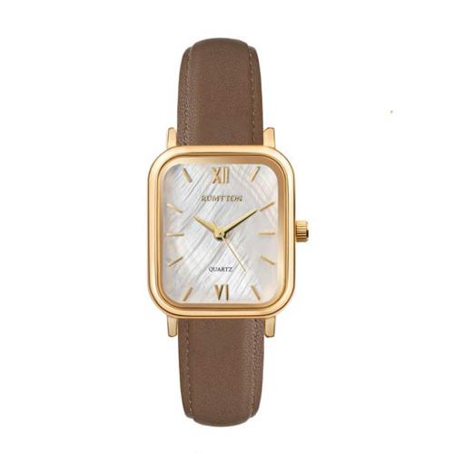 [RUMTTON] RUMTTON Harbor White Mother-of-Pearl Brown Band Leather Watch Gold __