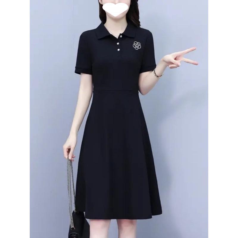 Women's Summer Embroidered Black Polo Collar A-Line Dress - Slimming & Fashionable Casual Sporty Style