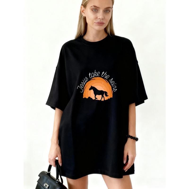 Oversized T Shirt Black Jesus Take The Reins Horse Sunset Graphic Print Casual Loose Fit Women s Top For Everyday Wear And Religious Inspiration XXXXL чёрный