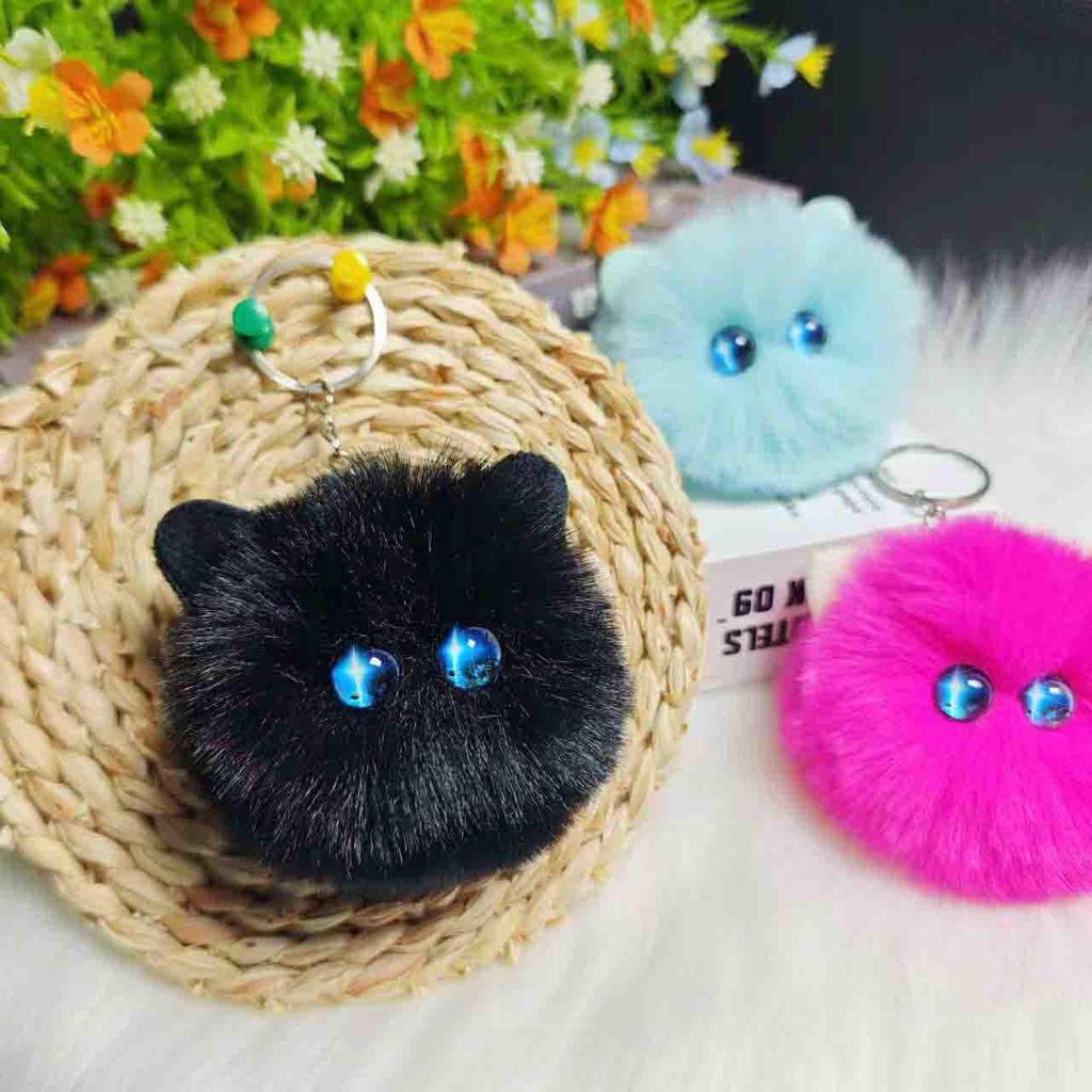 Rex Rabbit Fur Bow Cat Pendant Keychain Kitten Ornament