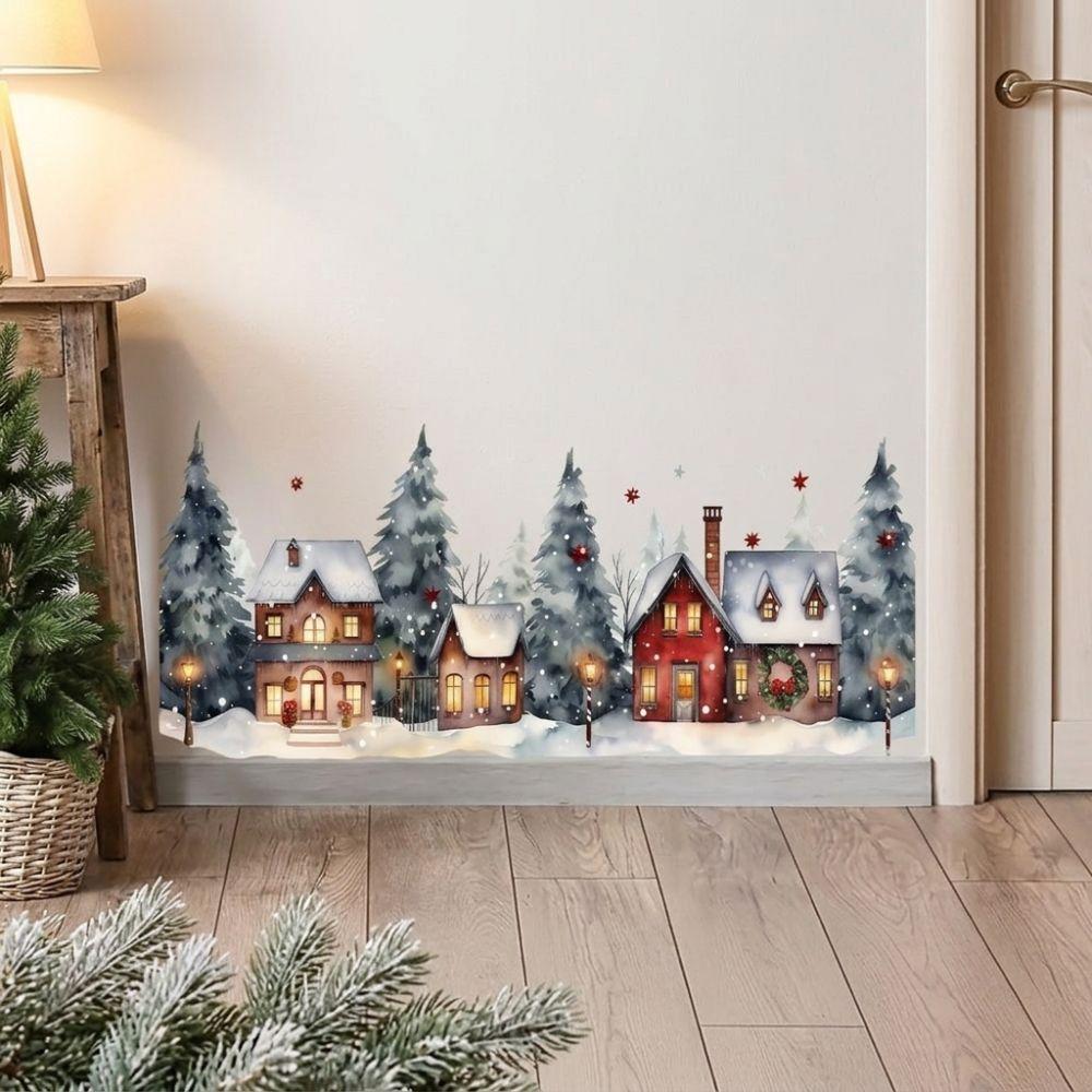 2D Flat Pattern Christmas Village Window Stickers Snowy Town Window Cling Winter Season