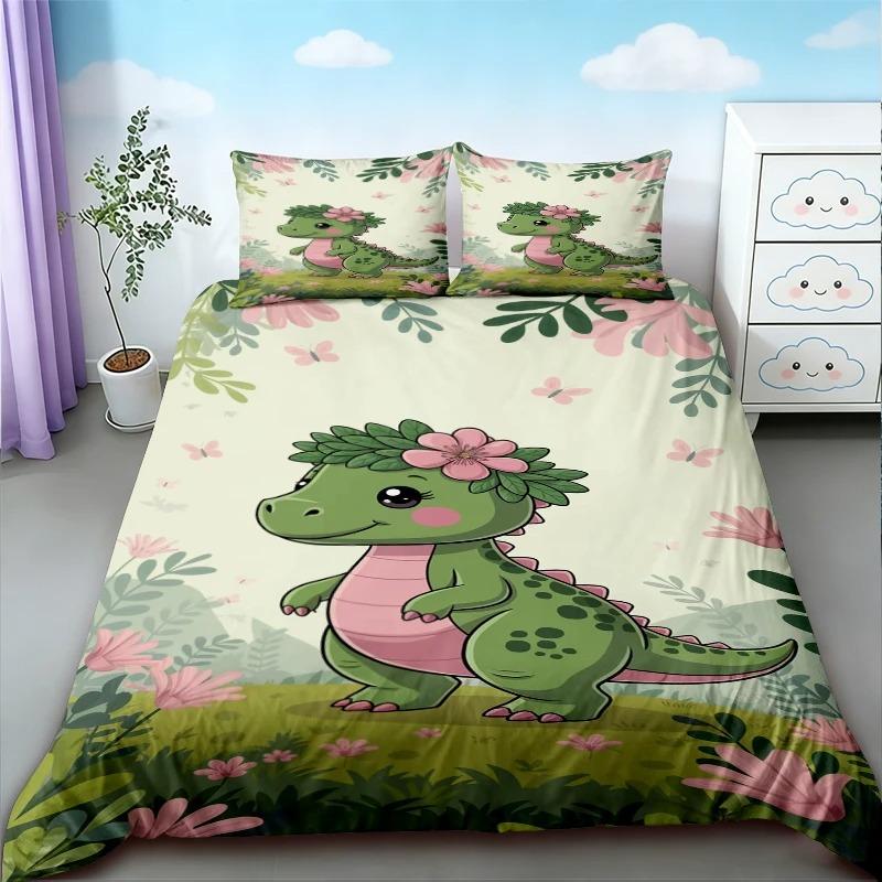Cute Dinosaur Bedding Set, Cartoon Kids Dino Duvet Cover Pillowcase, for Boys Girls Bedroom Decor Twin Full 2/3Piece Bed Set