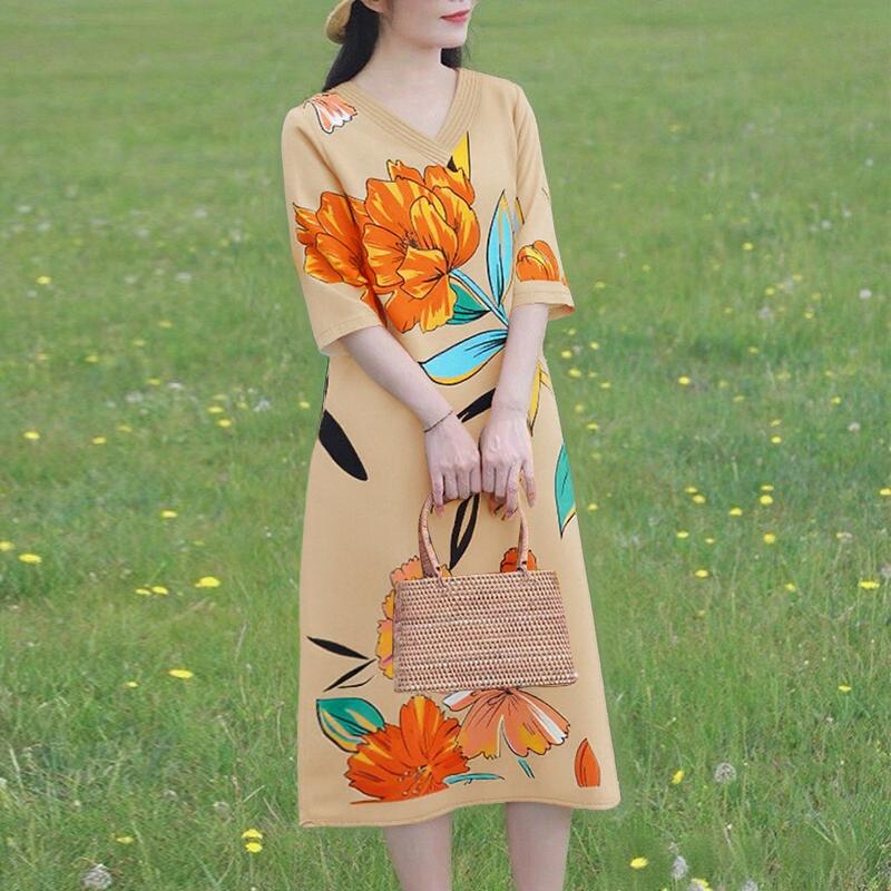 ZANZEA Women Casual V-Neck Loose 3/4 Sleeve Floral Print Dress