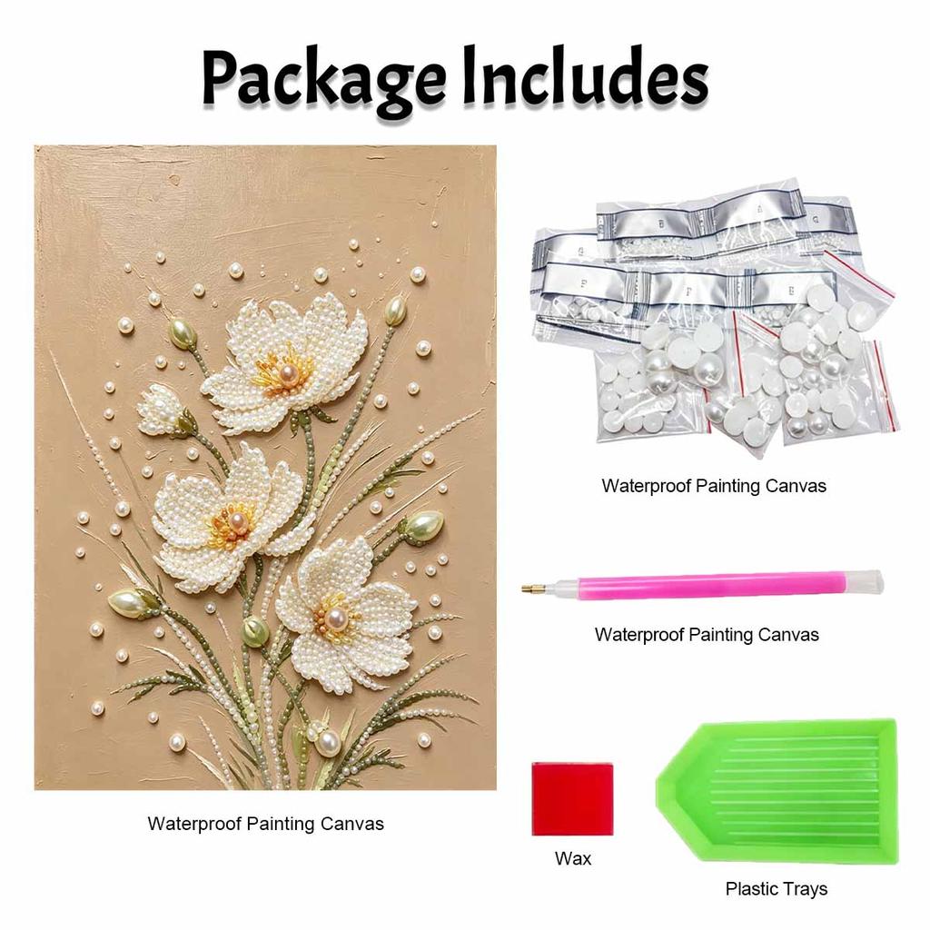 DIY Pearl and Diamond Painting Kit for Adults and Beginners. White Flower Art. Sparkling Craft. Home Wall Decor and Handmade Gifts