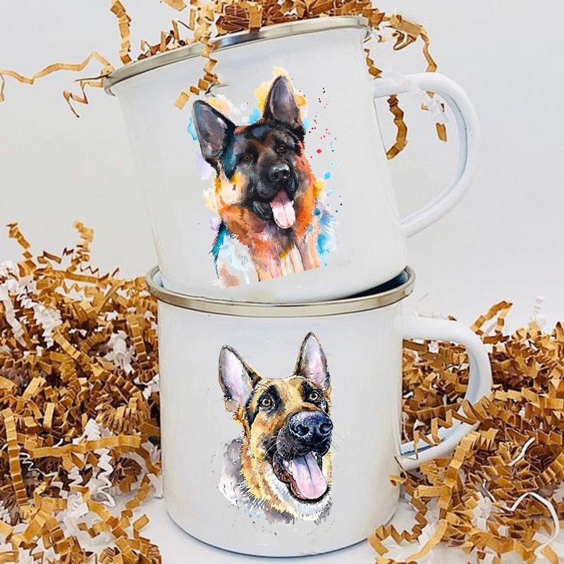 Coffee Tea Mugs Camping Adventure Beer Drink Juice Cups German Shepherd Print Creative Enamel Mug Handle Love Dog People Gifts