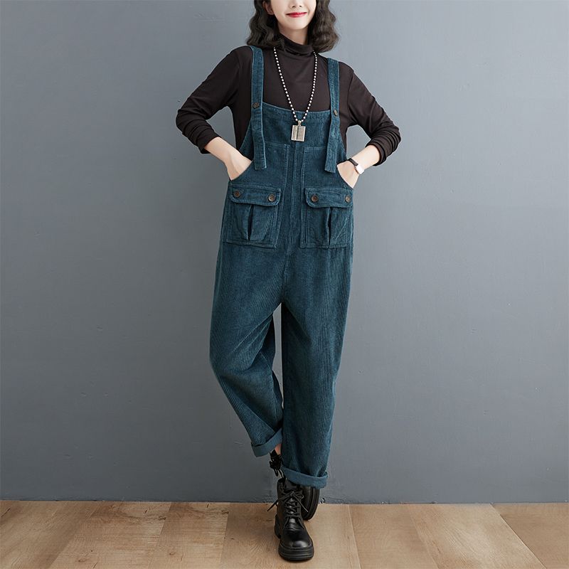 

Женский вельветовый комбинезон большого размера, осенне-зимние модели, ретро, дикий, свободный, повседневный, темпераментный, прямые брюки-комбинезон M темно-зеленого