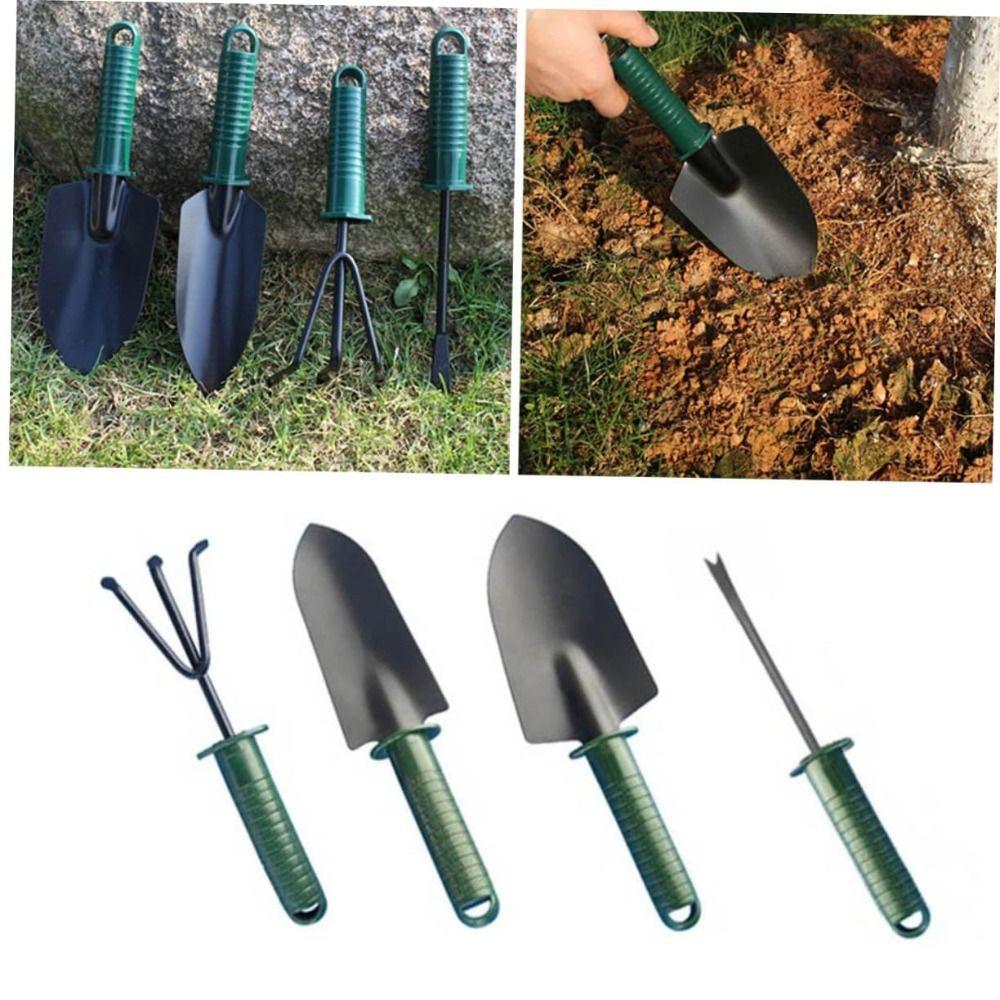 1/4pcs Non-Slip Handle Gardening Shovel Fork Rake Kit Small Hanging Hole Design Plants Shovel Metal Portable Three-tooth Harrow
