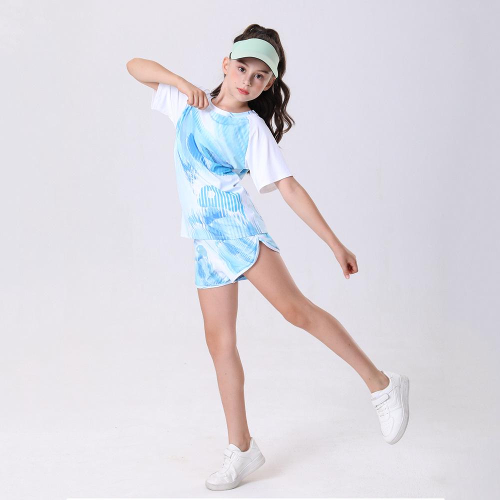 Girls' Quick-Dry Outdoor Fitness Set - Short Sleeve & Pants for Yoga, Badminton, Cycling, and Sports Competition.