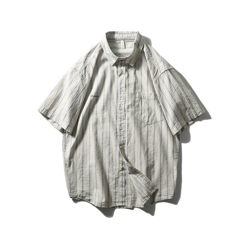 Vintage American Shirt Men Short Sleeve Stripes Summer Pure Cotton Retro Outwear Export Men's Casual Shirt