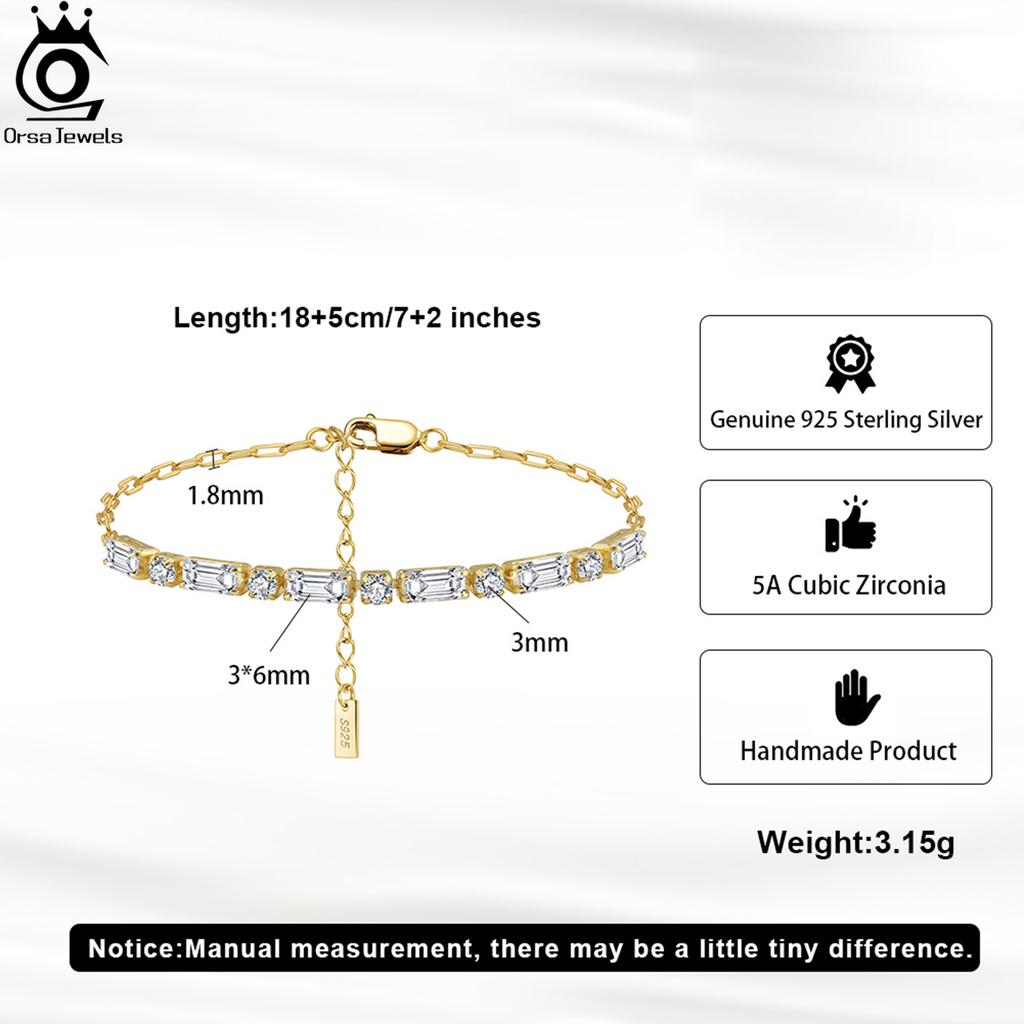 ORSA JEWELS 925 Sterling Silver 14K Gold Tennis Chain Bracelet With Emerald Cut Cubic Zirconia & Paperclip Chain Jewelry SB214