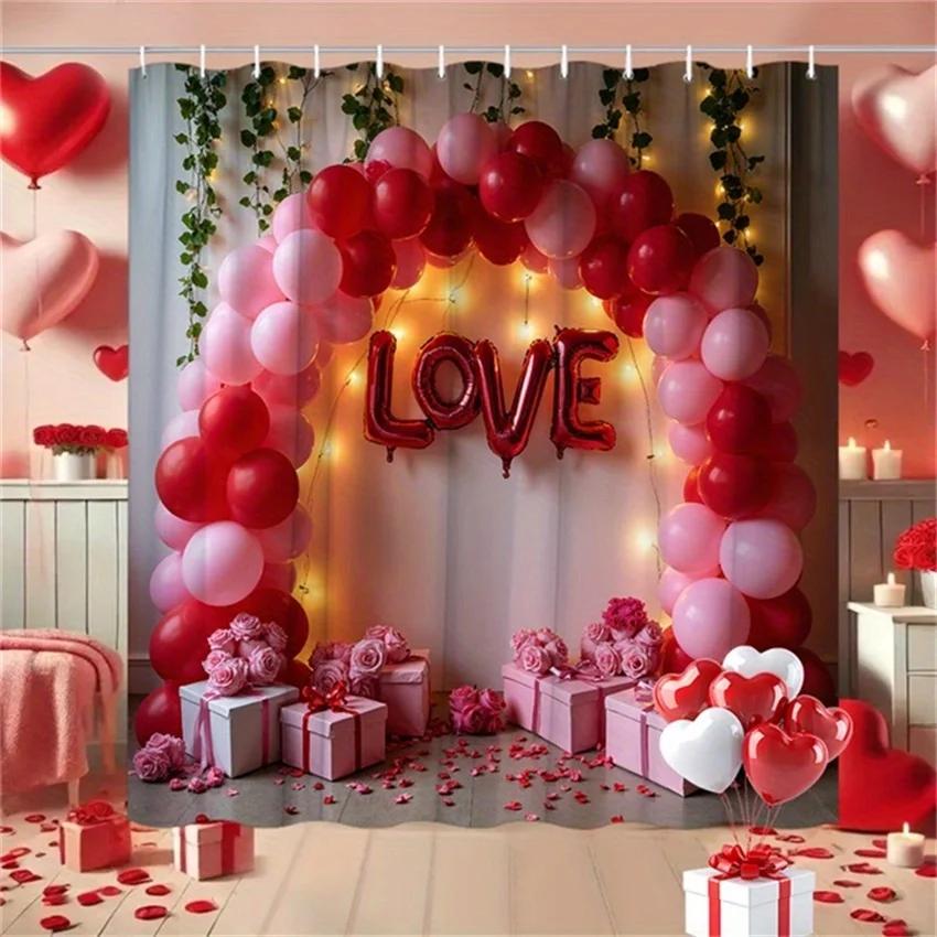 

1Pc Love Balloon Arch Shower Curtain - Roses, Boxes & Gifts, Valentine S Day Theme, Polyester, 70.8X70.8 , 12 Hooks W60H190(CM)-1 Pcs