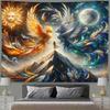 Sun Moon Phoenix Tapestry, Fire and Ice Birds with Mountain, Mythical Fantasy Wall Art for Bedroom Living Room Decor