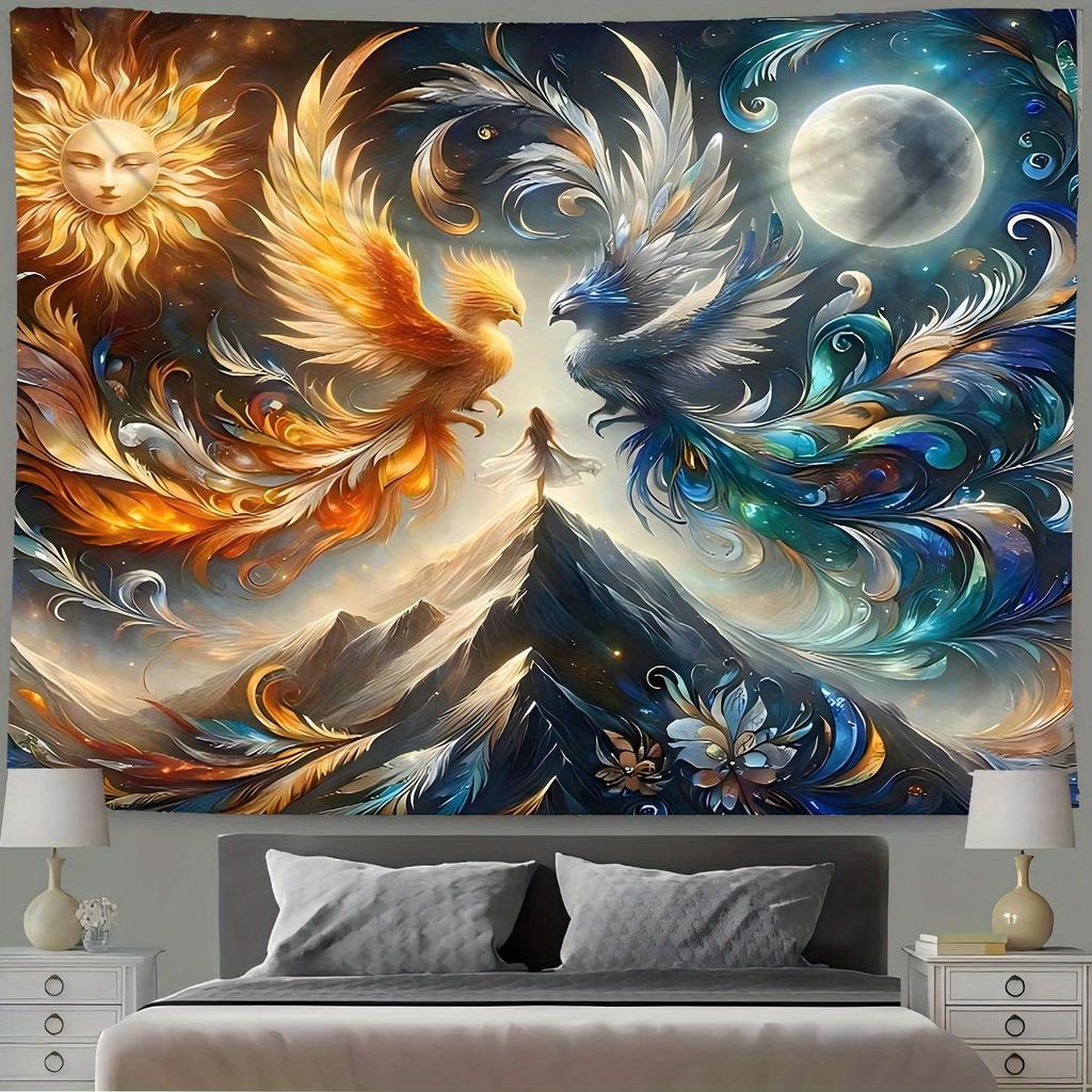 Sun Moon Phoenix Tapestry, Fire and Ice Birds with Mountain, Mythical Fantasy Wall Art for Bedroom Living Room Decor