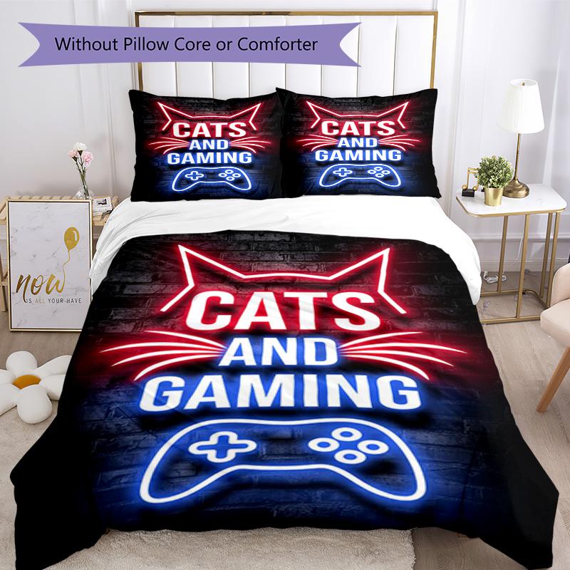 3Pcs Cat Neon Sign Bedding Quilt Set Quilt Cover Gift For Fans 1 Duvet Cover 2 Pillowcase Game250