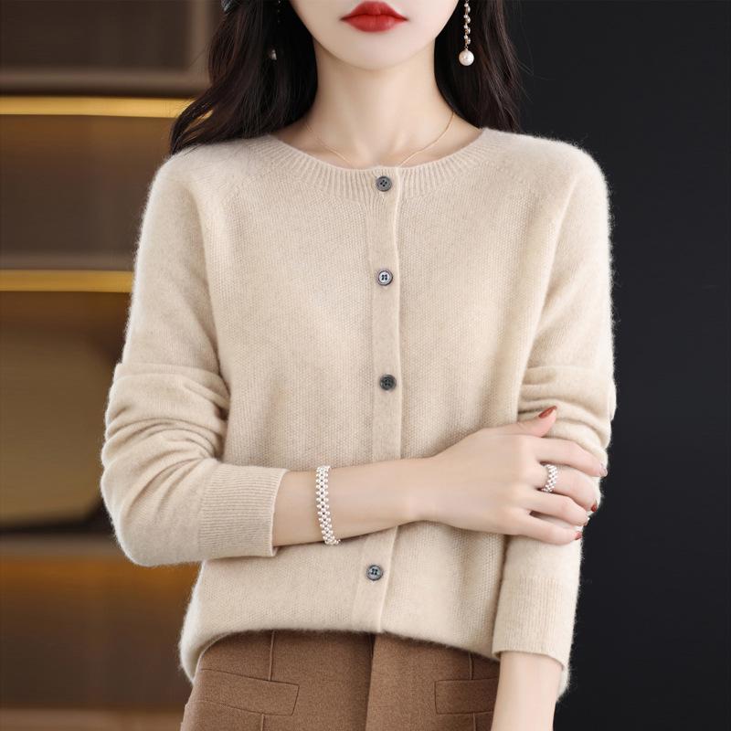 Women's 100% Pure Wool Round Neck Cardigan - Loose, Fashionable, Versatile Spring Knit Sweater.