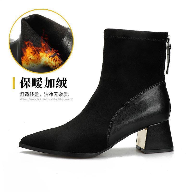 High-heeled short boots thick heel pointed head 2025 new boots fashion color matching medium tube thin boots women's spring and autumn single boots