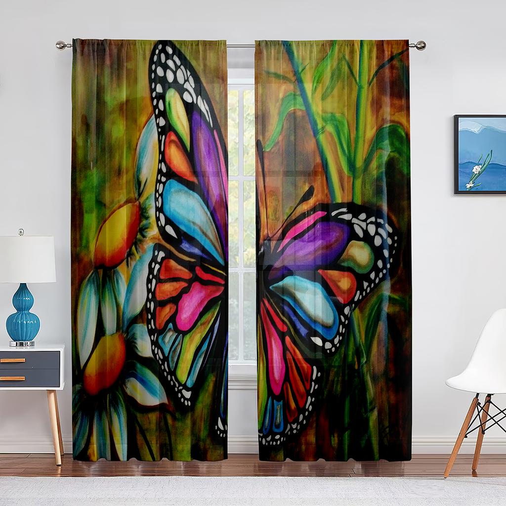 Spring Blue Floral Butterfly Sheer Curtain for Living Room Bedroom Home Kitchen Chiffon Tulle Curtains Window Treatment Decor