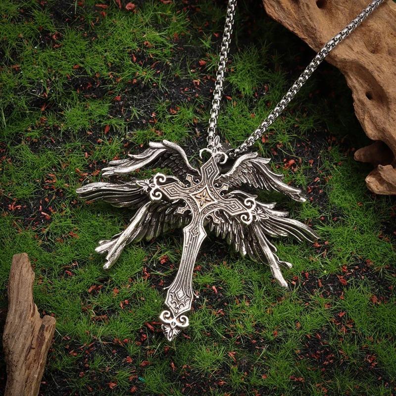 Retro Gothic Jesus Wings Cross Pendant Necklace Jewelry for Men Women Large Vintage Dark Punk Religious Amulet Necklaces Gifts