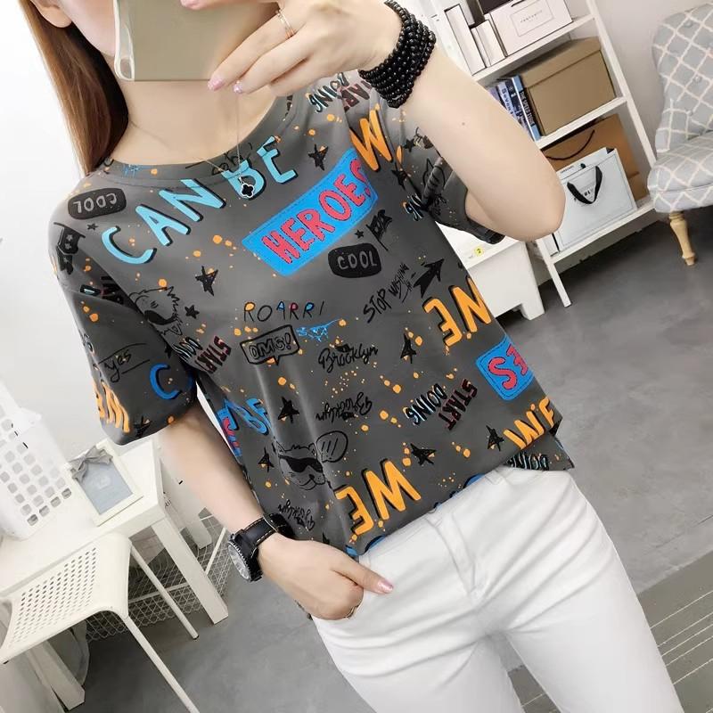 Summer Casual gray Tee shirt for Women Basic letter print Tops Short Sleeve Crewneck loose T-shirt y2k Vintage Top Harajuku Streetwear