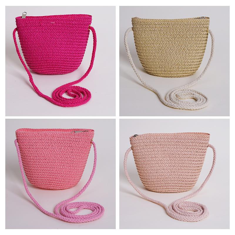 Handmade Woven Girl Flower Straw Bag Coin Purse Zipper Kid Messenger Bags Photo Props Storage Basket Crossbody Handbag