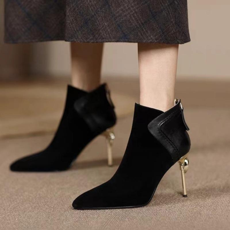 

Модные туфли-стилетто на осень, новые, с острым носком, замшевые с панелями, на молнии сзади, противоскользящие, износостойкие, ботильоны на каблуке 39