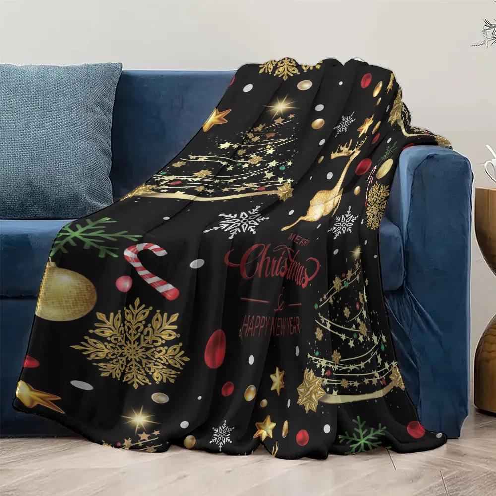 Golden Reindeer Christmas Fleece Blanket, Black with Red Holiday Greeting, Festive Throw for New Year and Xmas Decor