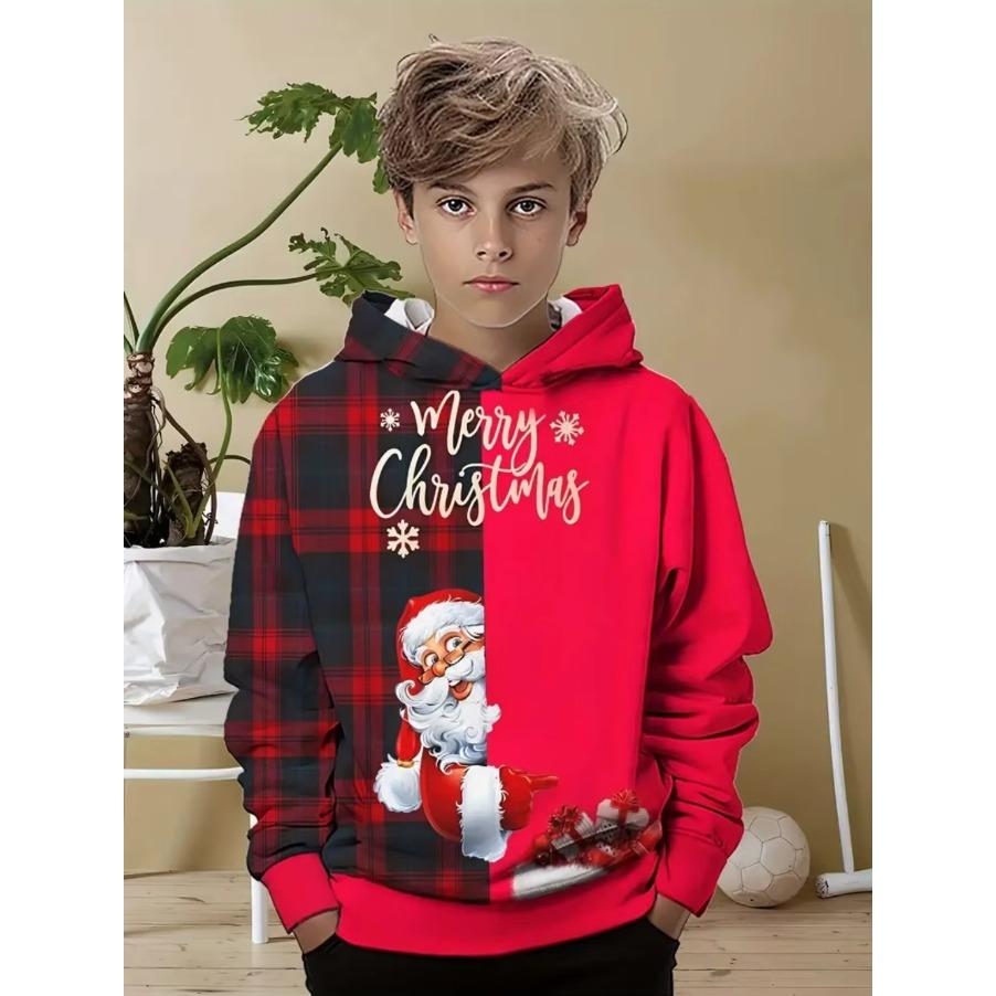 Sudadera con capucha navideña para niños Estampado de Papá Noel Sudadera de moda de dibujos animados para niño niña Ropa infantil para fiesta navideña