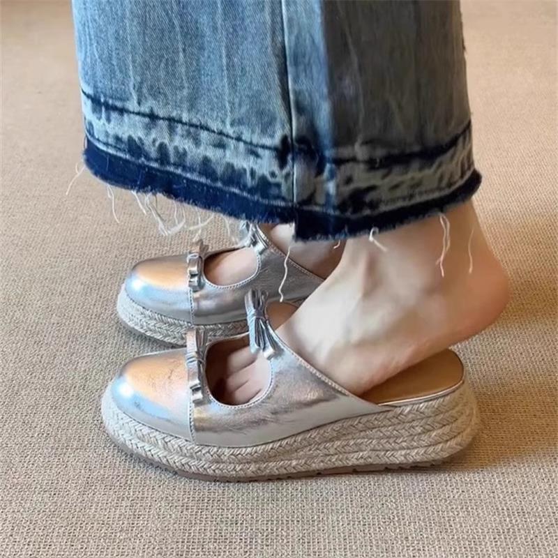 New Chinese Style Retro Thick Bottom Straw Woven Bag Head Bow Cool Slippers 2025 Summer New Wear Half Slippers Women