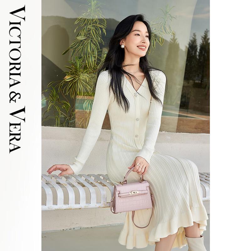 VICTORIA&VERA Women's Winter Ribbed V-Neck Knit Midi Dress