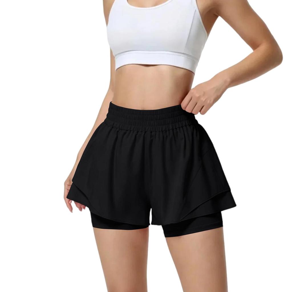 Hohe zweiseitige Sportshorts für Damen Dehnbar Schnelltrocknend Laufen Workout Yoga Skorts mit breitem Bund