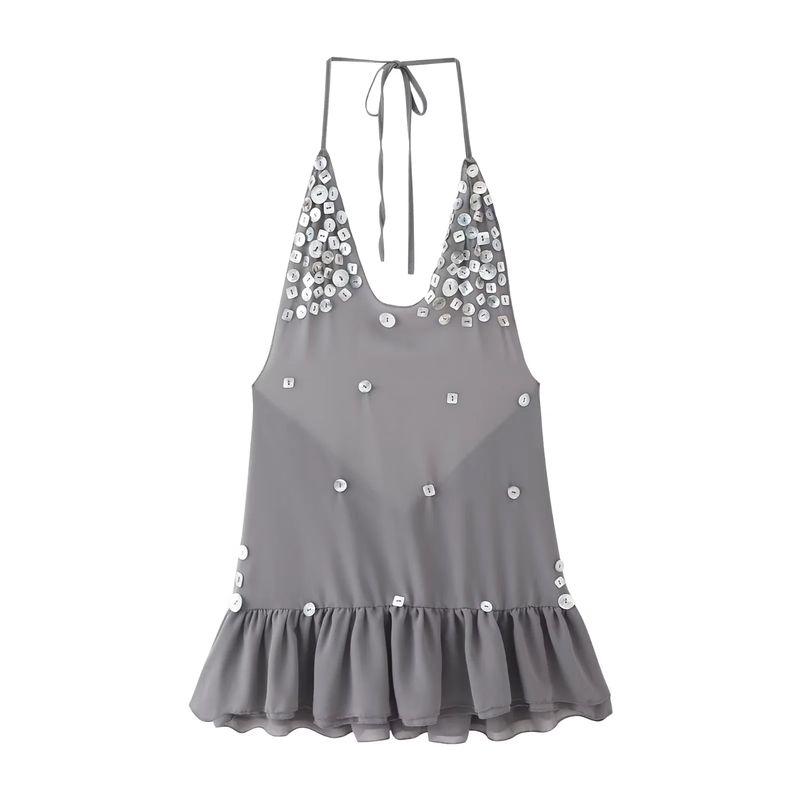 

Summer New Women clothes Hem Layered Decoration Short Holiday Style Hanging Neck Backless Sexy Waist Hugging Dress Grey L