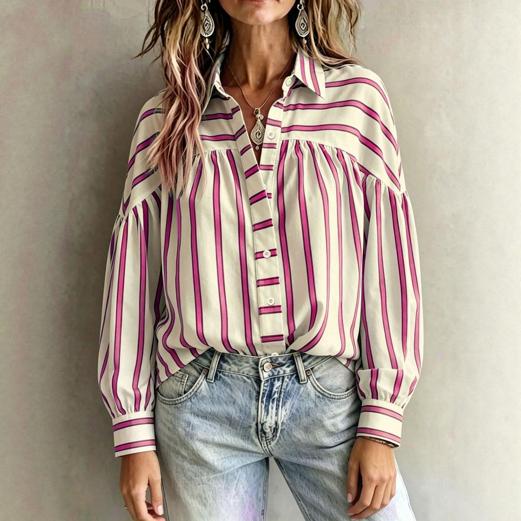 Women Striped Lapel Long Sleeve Blouse Casual Puff Sleeve Button Down Shirt