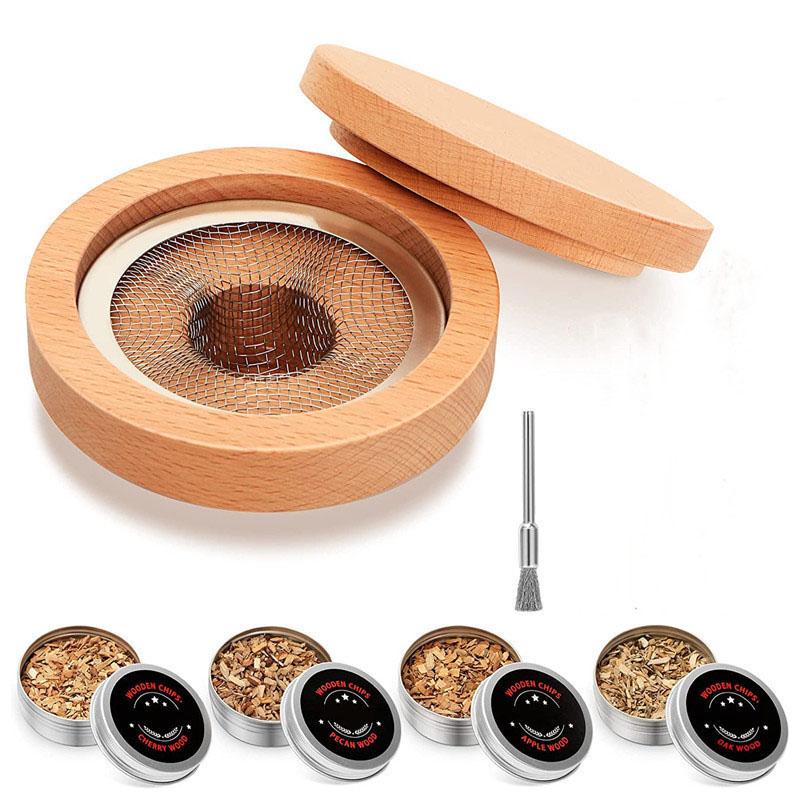 Wooden Cocktail Smoker Kit with 5 Wood Chips Old Fashioned Whiskey Smoking Drinks Kit Kitchen Bar Bartender Supplies Drink