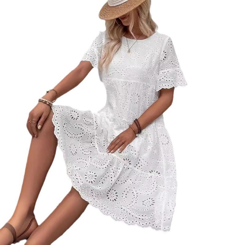 Elegant Fashion Lace White Dress Summer Short Sleeve Solid Hollow Embroidered Women Casual Dresses Women Vintage Round Neck A Line Loose Dress 24563
