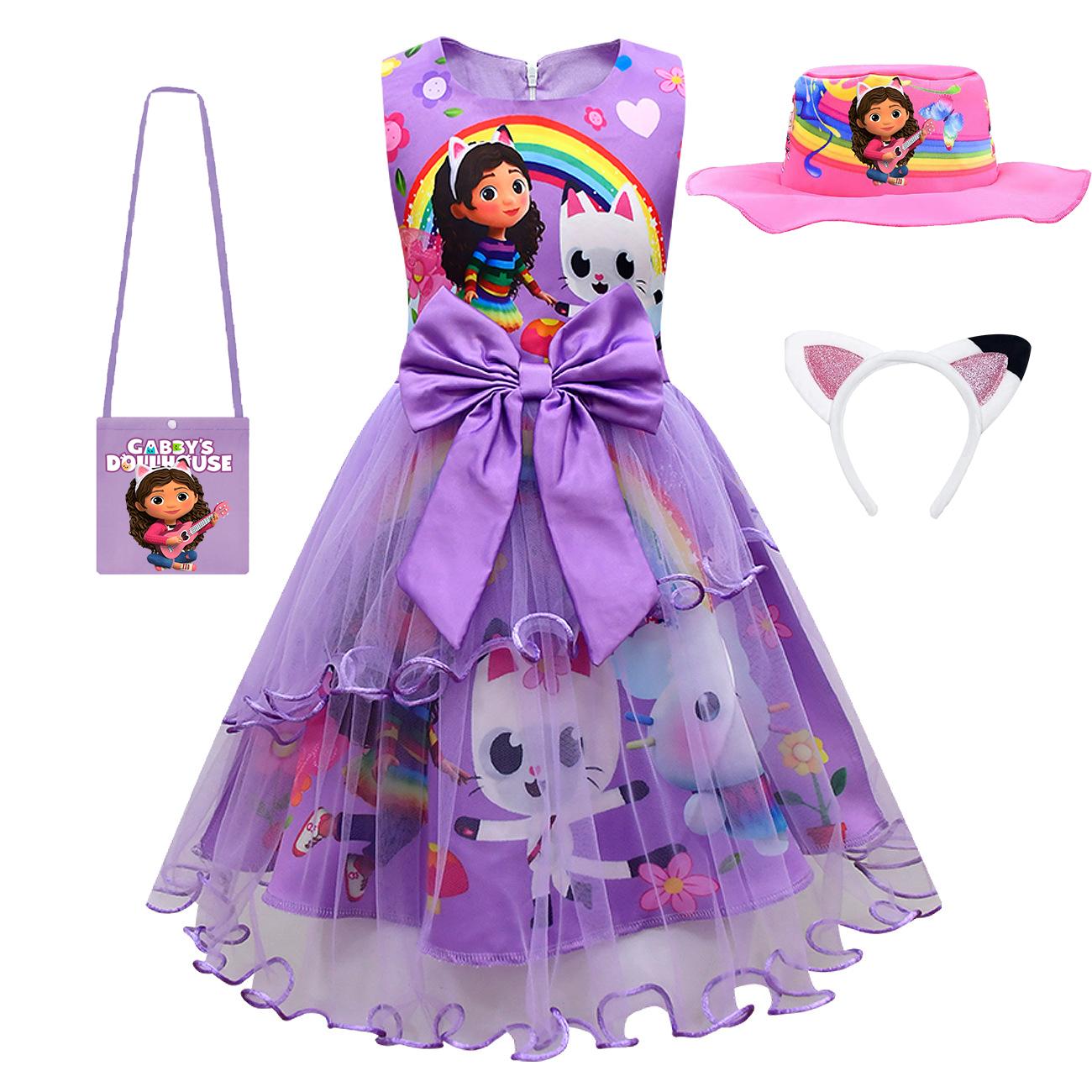 Kinderen Gabby's Kostuum met Hoed Tas Haarband G-Gabby's Poppenhuis Kleding Mercat Jurk Dieren Lachende Kat Auto Kat Gaby Meisje Jurk 140(9-10Years) pink