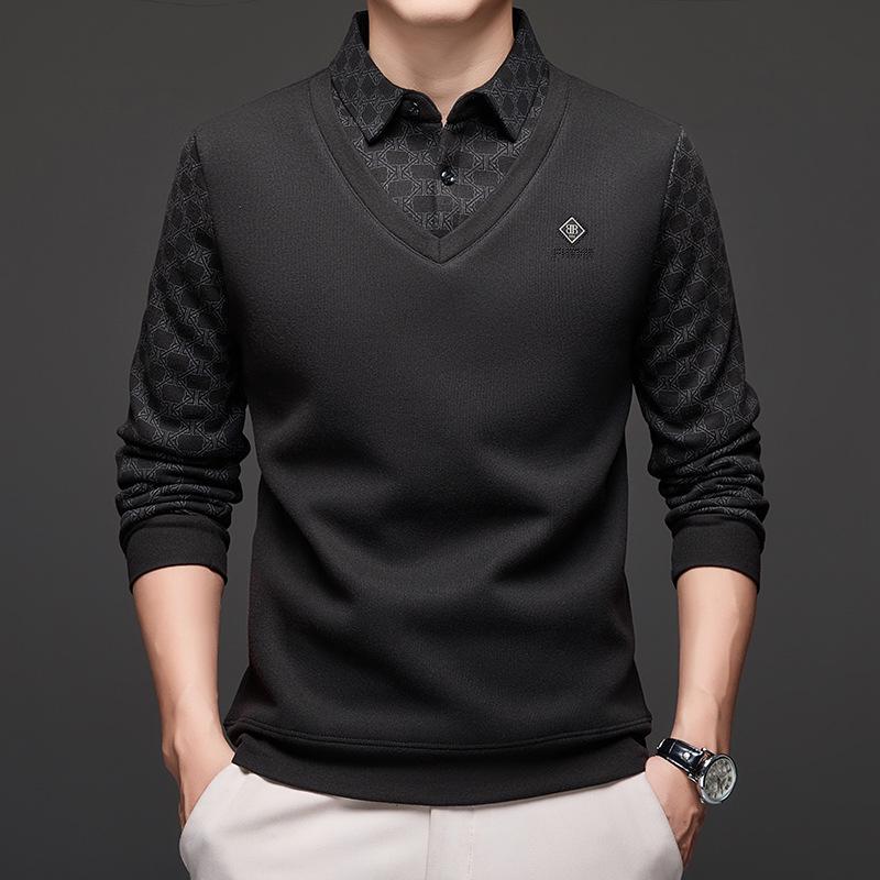 Men's Two-Piece Base Layer Long Sleeve Polo Shirt - Thickened Knit with Velvet, Wool Lapel, Casual Style for Middle-Aged.