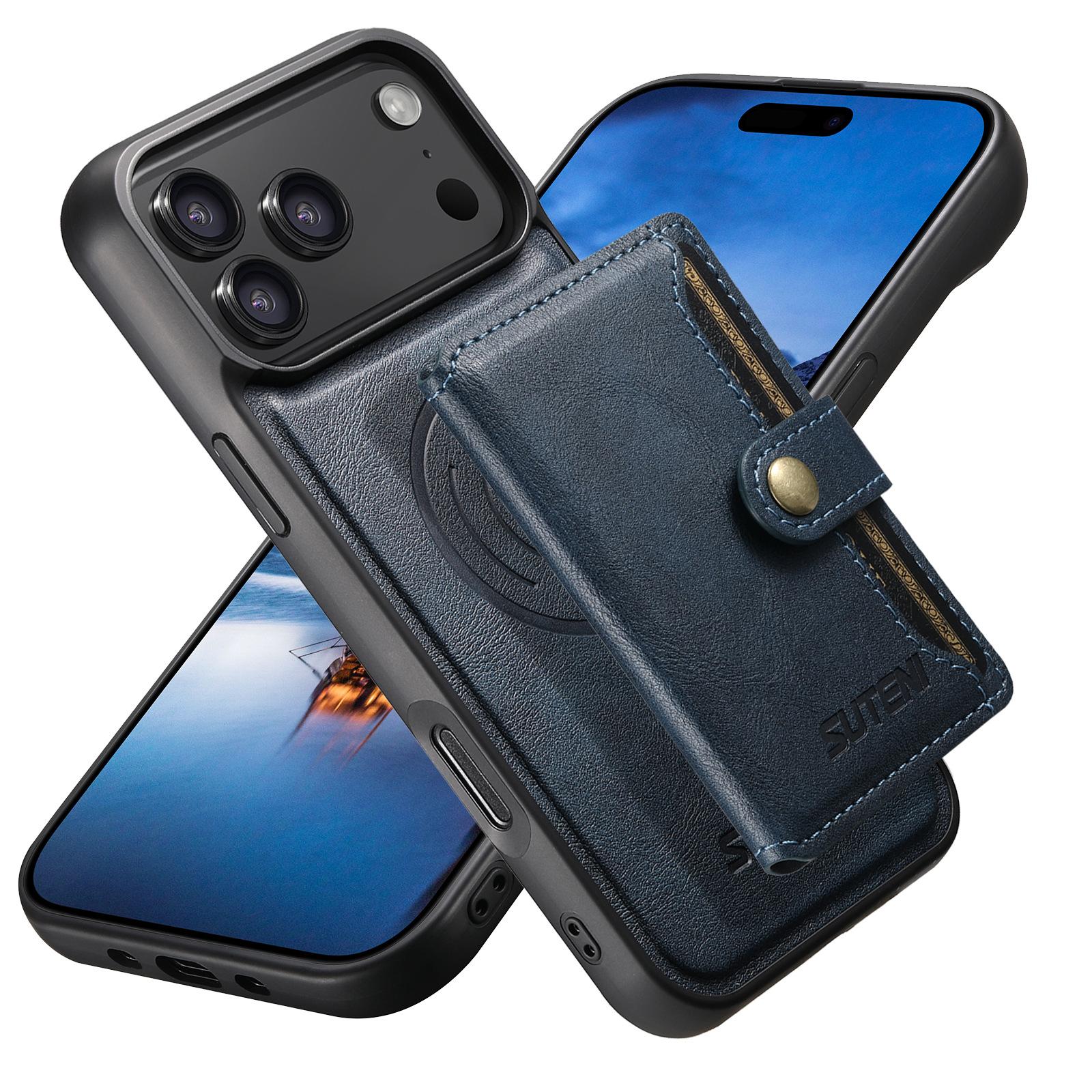 

Leather Phone Case for iPhone 17 Pro Max Air 16 Plus 15 14 13pro 12 Detachable Metal Button Magnetic Card Holder Wallet Cover iPhone17 синий