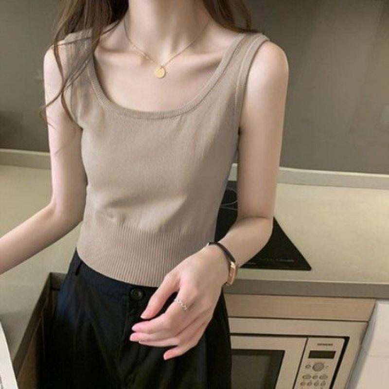 Women's Spring Summer Ice Silk Knit Camisole - Slimming Sleeveless Inner Base Layer with Beautiful Back Design.