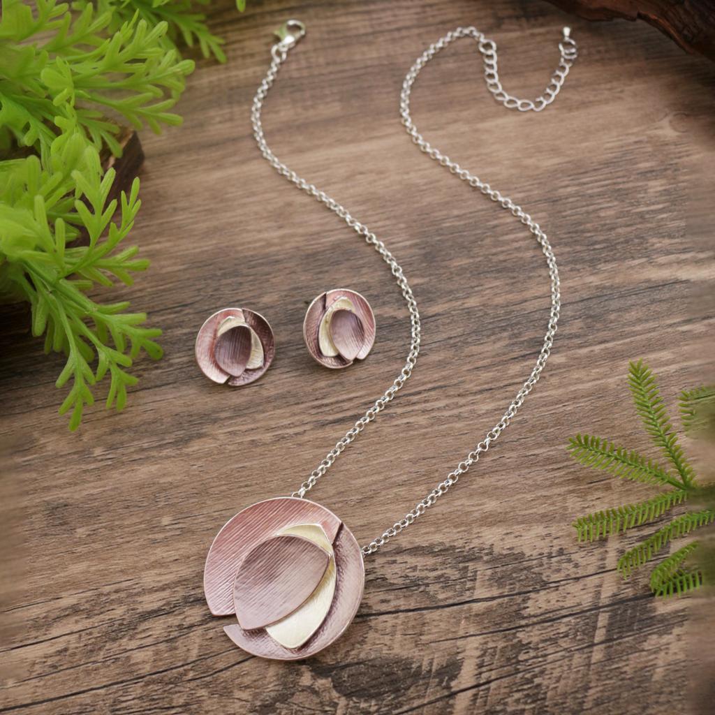 New Color Painting Oil Round Geometric Petal Stud Earrings Pendant Set, Women's Simple Flower Necklace