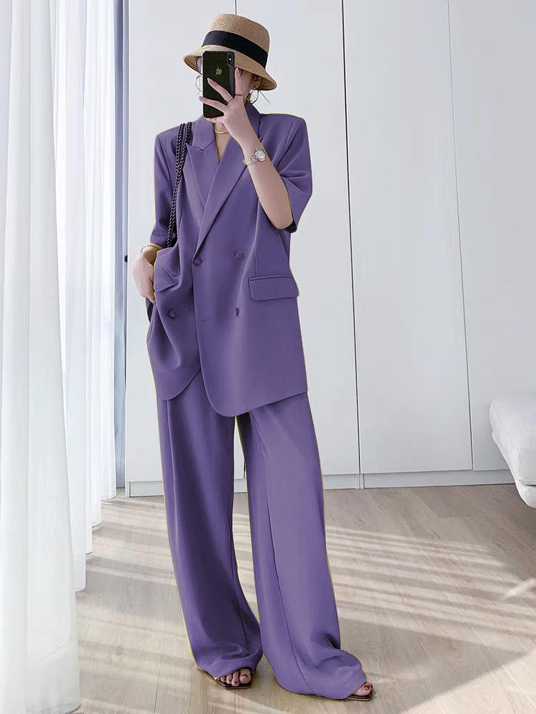 Plus Size 6681 Summer Slimming Wide-Leg Pants Two-Piece Suit for Women