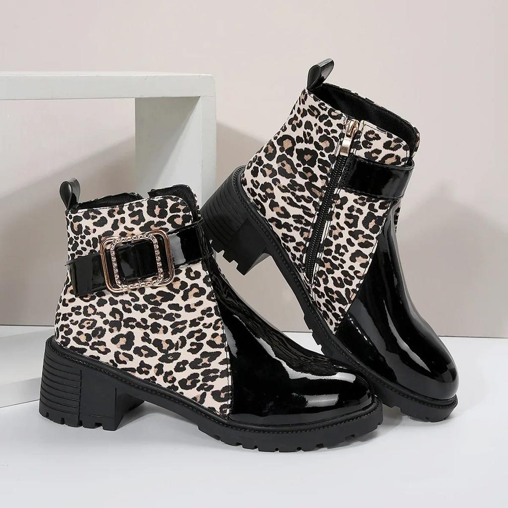 Fashion Women Round Toe Belt Buckle Ankle Boots Spring Autumn New Leopard Print Leather Boots Female Fashion High Heels Short Boots