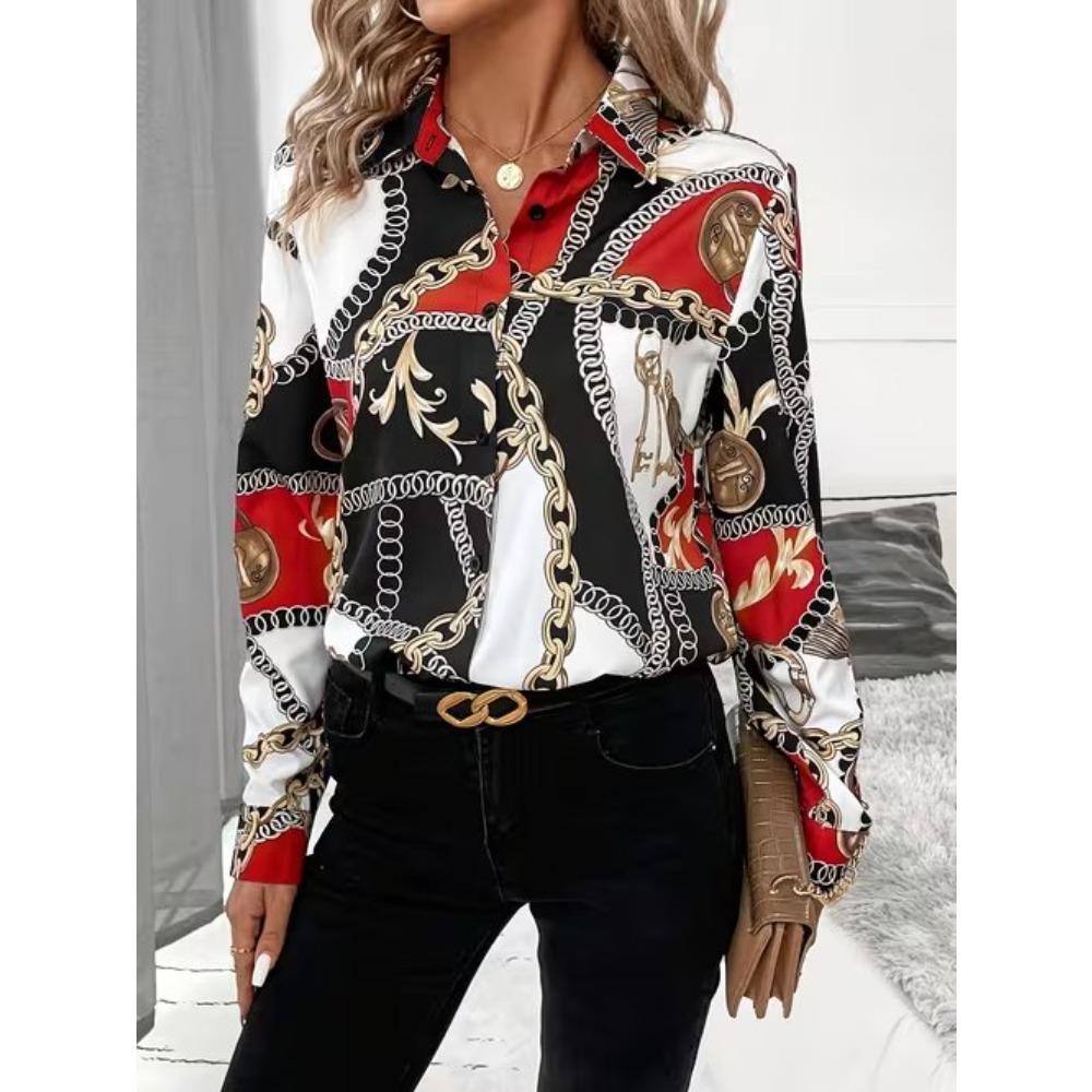 Geometric Pattern Print Women Blouse Spring Autumn Femme Office Lady Button Up Turn Down Collar Shirts