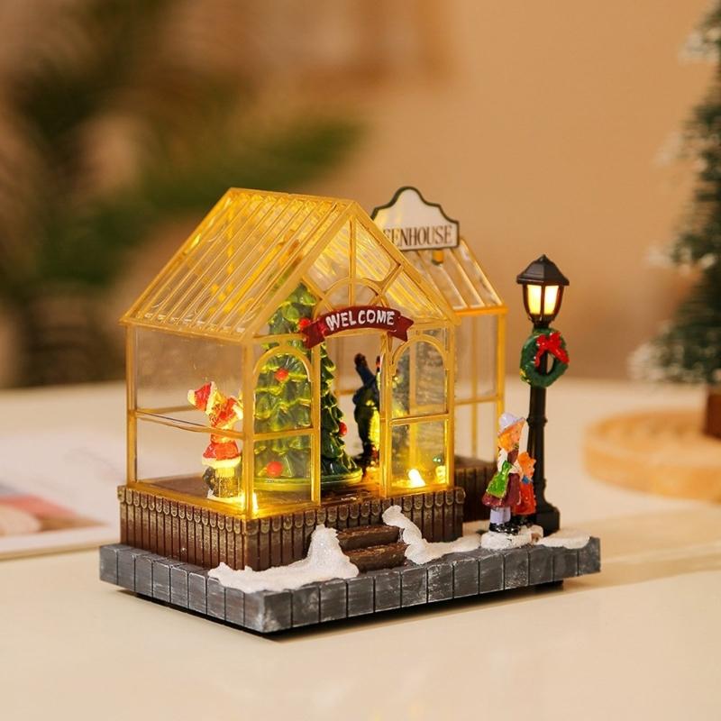 Drehende Weihnachtsbaumfiguren Dekoration mit LED-Licht und Musik Animiertes Dorf Harzornament Geschenk