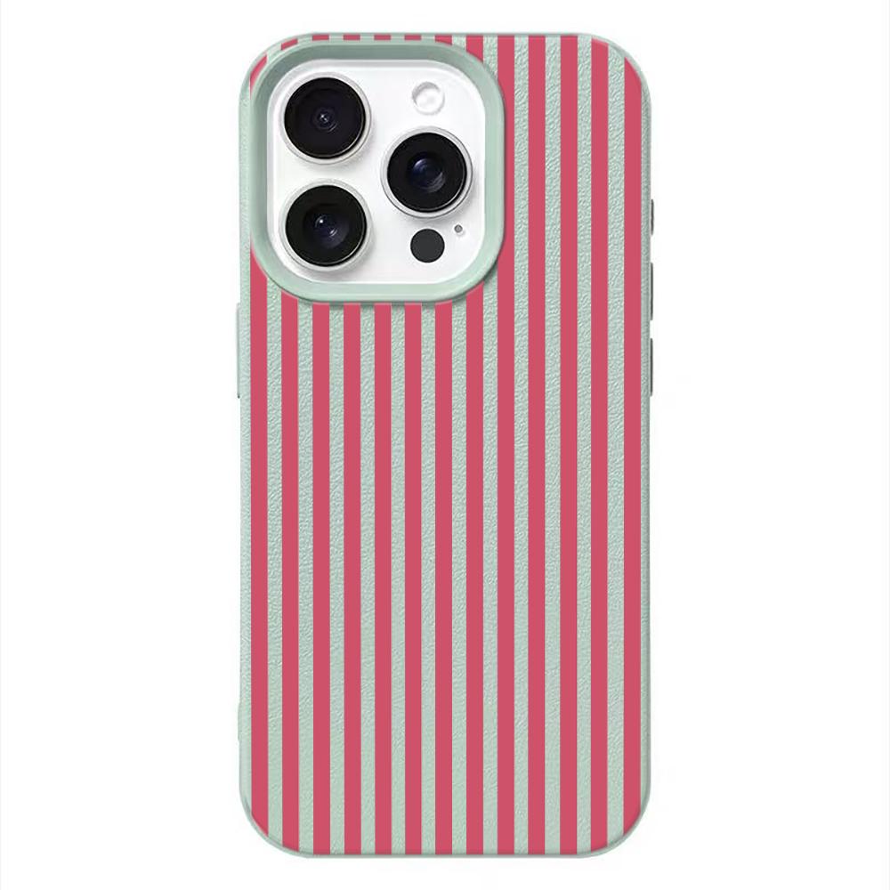 Mint Pink Stripe Leather Texture Soft Case for iPhone 17 17E 16 15 14 13 12 11 Pro Max Minimalist Shockproof Cover