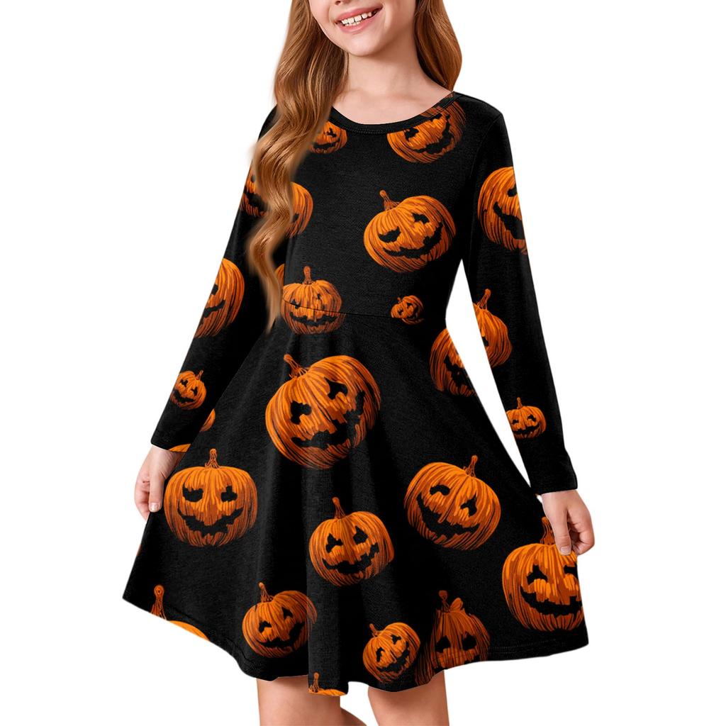 Girls' Summer Princess Dress Halloween Day- Long Sleeve A-Line T-Shirt Dress
