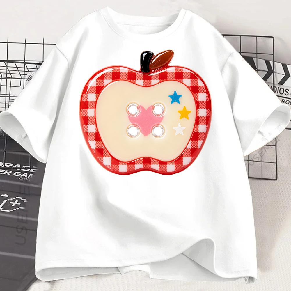 Plaid Apple Button Print Women T Shirt Cute Fruit Graphic Tee Casual Short Sleeve O Neck Loose Kawaii Summer Top Women Clothing