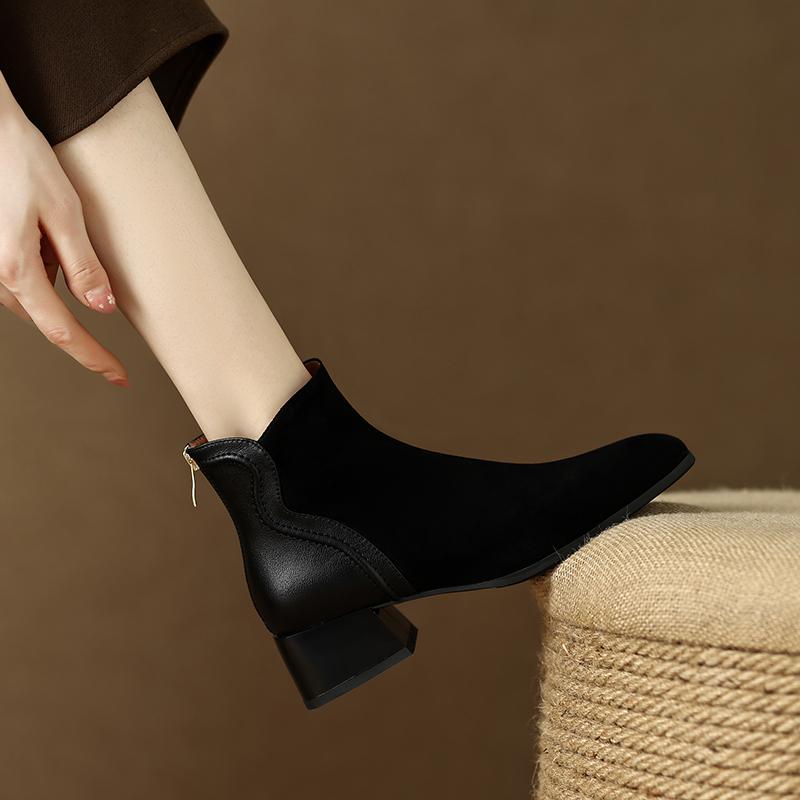 Fashion 2025 New Autumn Boots Women Sheep Suede Leather Shoes for Women Square Toe Chunky Heel Women Boots Winter Zipper Modern Boots