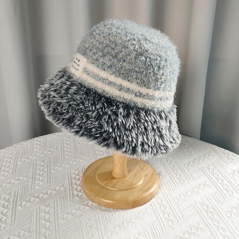 

Autumn and winter plush warm windproof hat women s splicing knitted bucket basin hat shows small face versatile bucket hat