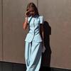 European and American Design Short-sleeved Suit Wide-leg Trousers Set Elegant Temperament Versatile Sky Blue Two-piece Set Women