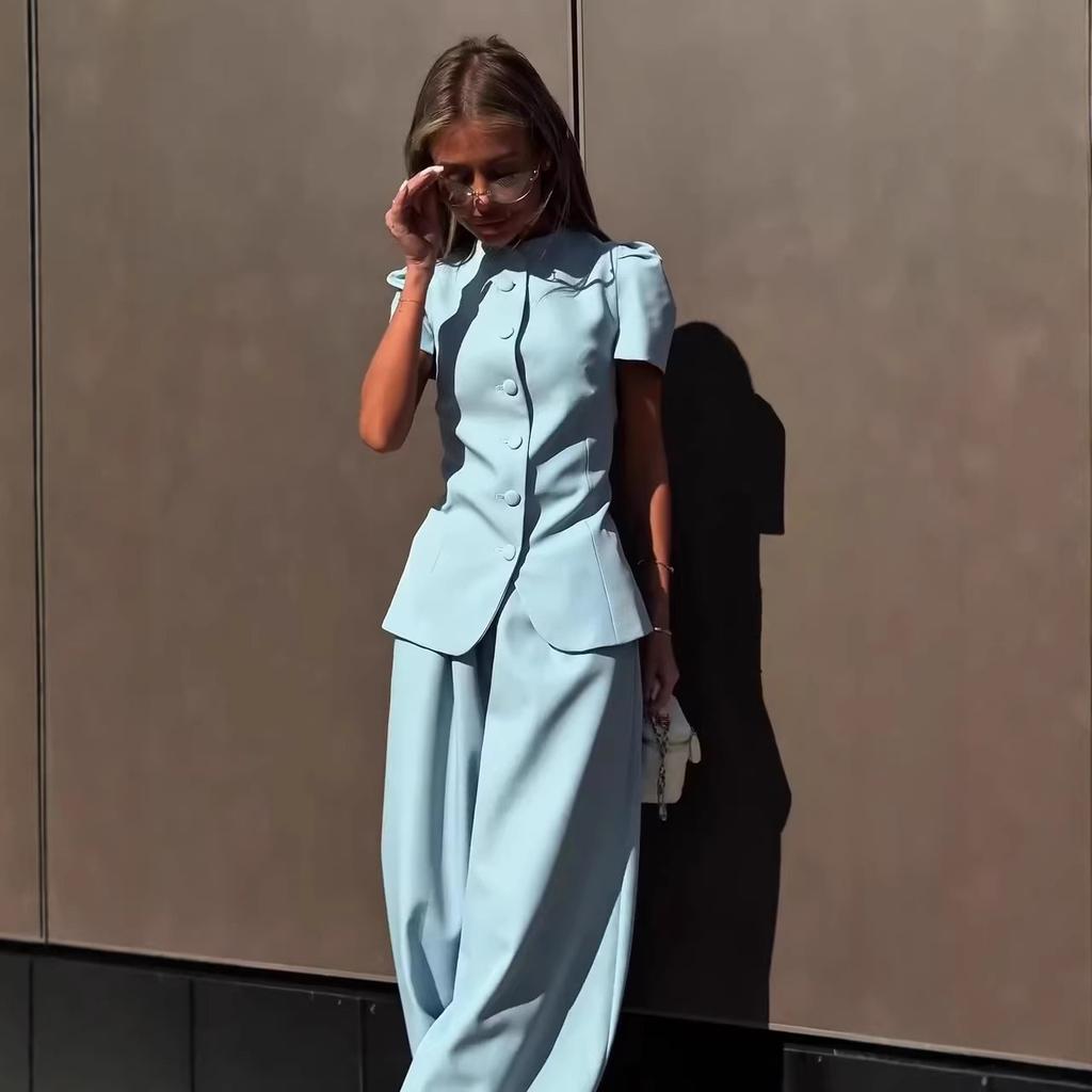 European and American Design Short-sleeved Suit Wide-leg Trousers Set Elegant Temperament Versatile Sky Blue Two-piece Set Women